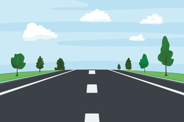 Fototapeta premium Highway Road Perspective, Vector Illustration. Empty Asphalt with Lane Markings, Countryside Trees and Sky. Road Background, Road Illustration