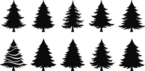 Silhouette collection of pine trees, evergreen forest illustration, Christmas tree icons set, black fir tree design, winter nature elements vector