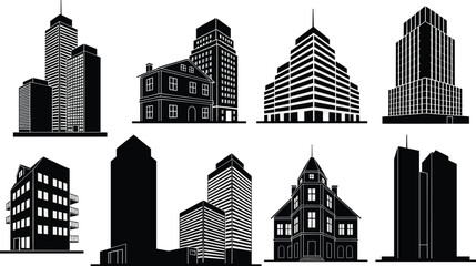 Fototapeta premium Modern city building silhouette collection, black vector illustration of houses, apartments, skyscrapers, and offices for urban architecture design