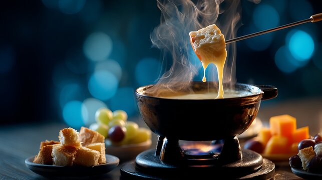 Indulge in warm, gooey cheese fondue perfection, a delightful culinary experience perfect for cozy gatherings and gourmet dining.