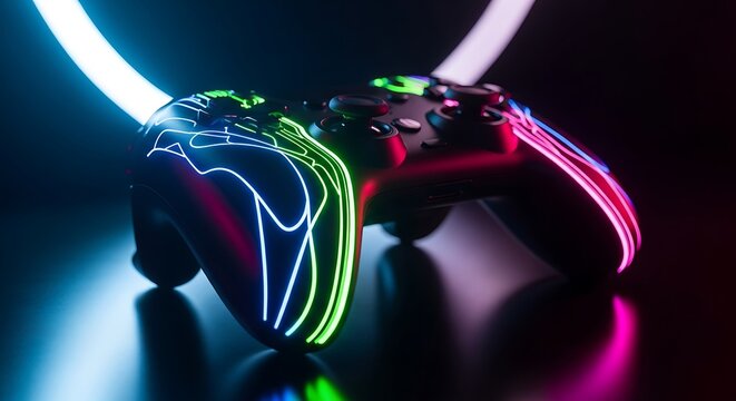 A close up of a gaming controller with neon lights outlining its shape on a reflective surface dark background - Powered by Adobe