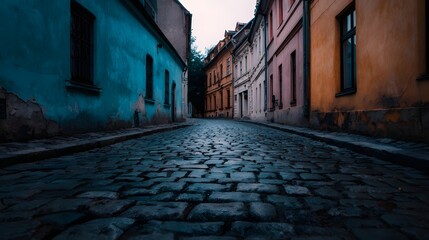 Obraz premium A low angle view down a narrow colorful cobblestone street in an old European town under moody twilight lighting