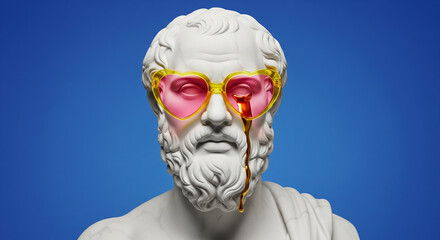 Surreal pop art style of a classical marble bust wearing funny heart sunglasses and crying gold