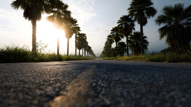 A tropical road lined with palm trees bathed in golden sunrise light with a bright sun flare creating a serene journey ahead