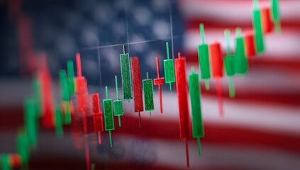 Abstract representation of financial market trends and economic indicators overlaid on the blurred united states flag symbolizing national commerce and investment opportunities