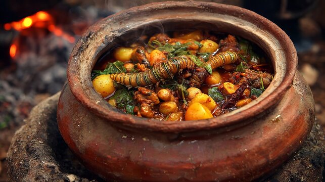 Savory stew bubbling in rustic clay pot over open fire, showcasing tender meat, potatoes, and vibrant greens with a unique caterpillar garnish.