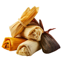 Peru Corn tamales with meat filling and steamed vegetables, wrapped in corn husks, isolated on white transparent background, concept of traditional cuisine