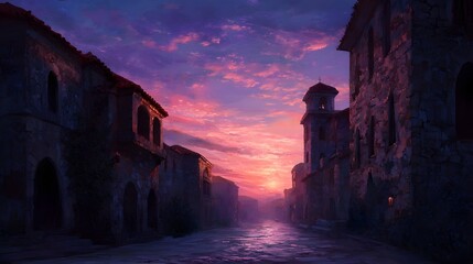A historic street scene unfolds under a dramatic sunset with vibrant clouds and ancient buildings