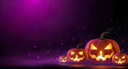 Cinematic Halloween background with glowing pumpkins and spiderweb on vivid purple gradient