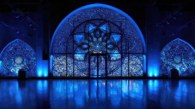 A blue-lit stage with a large ornate window & intricate patterns, reflecting off a shiny floor