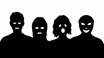 Silhouetted figures express diverse emotions, creating dramatic impact with stark contrast and haunting expressions