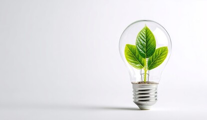 led light bulb with green leaves on a white background, an eco-friendly energy concept.