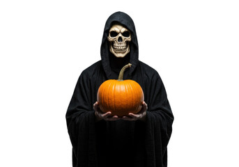 Grim reaper with skull mask holding pumpkin isolated PNG, spooky Halloween costume for trick-or-treating and scary holiday themes