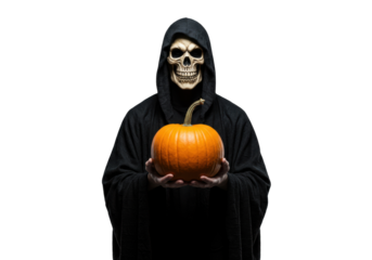 Grim reaper with skull mask holding pumpkin isolated PNG, spooky Halloween costume for trick-or-treating and scary holiday themes