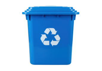 Blue recycling bin PNG isolated on transparent background, container for waste sorting and environmental protection, eco-friendly lifestyle