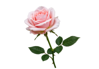 Elegant light pink rose isolated PNG on transparent background, delicate flower with green stem and leaves for wedding invitations and floral designs