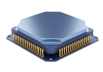Blue computer processor unit isolated PNG, CPU chip with golden pins for electronics and technology concepts on transparent background