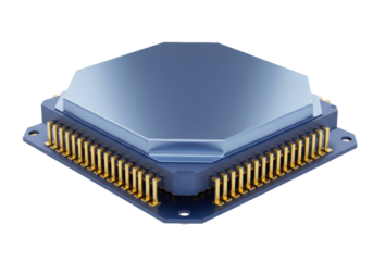 Blue computer processor unit isolated PNG, CPU chip with golden pins for electronics and technology concepts on transparent background