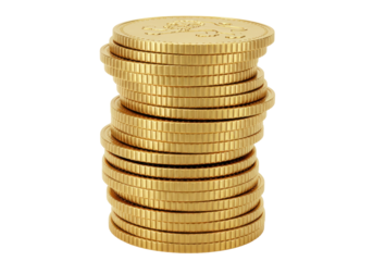 Stack of shiny gold coins isolated PNG, pile of money for wealth and finance concepts, on transparent background, golden currency for business