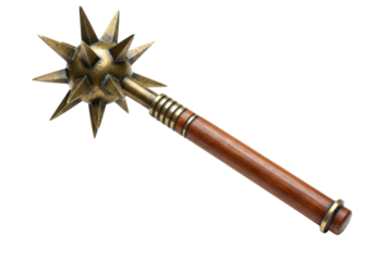 Medieval spiked mace isolated PNG, ancient weapon with wooden handle and metal head on transparent background, historical combat tool