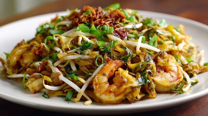 Savory stir fried noodles with plump shrimp and fresh bean sprouts a delicious and vibrant Asian cuisine delight