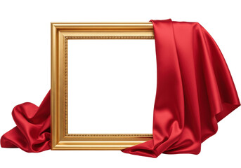 Gold picture frame with red silk fabric isolated PNG, elegant empty frame mockup for art display and presentation on transparent background