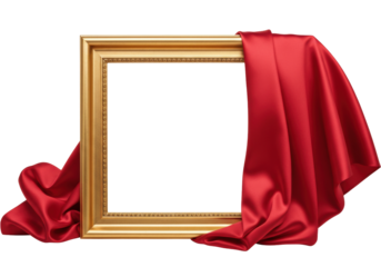 Gold picture frame with red silk fabric isolated PNG, elegant empty frame mockup for art display and presentation on transparent background