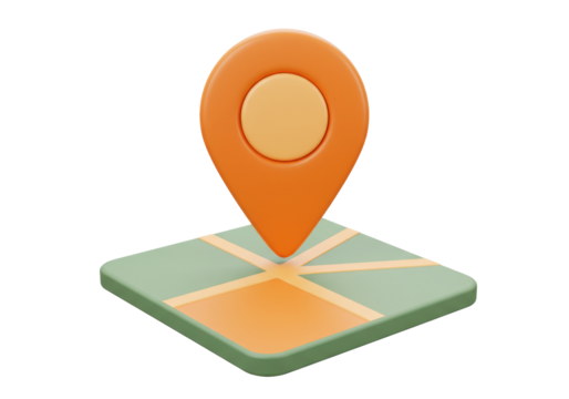 3D map pin isolated PNG on transparent background, location pointer icon for navigation and travel apps, orange and green color scheme