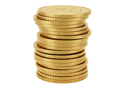 Stack of shiny gold coins isolated PNG, pile of money for wealth and finance concepts, on transparent background, golden currency for business