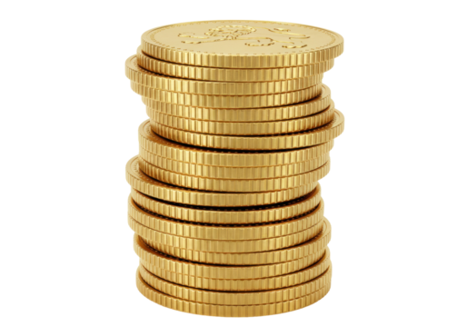 Stack of shiny gold coins isolated PNG, pile of money for wealth and finance concepts, on transparent background, golden currency for business - Powered by Adobe