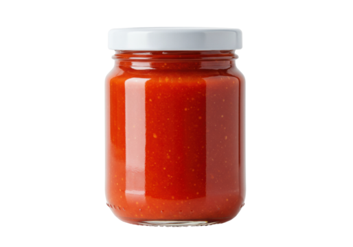 Jar of red pepper relish isolated PNG, homemade condiment for sandwiches and burgers on transparent background