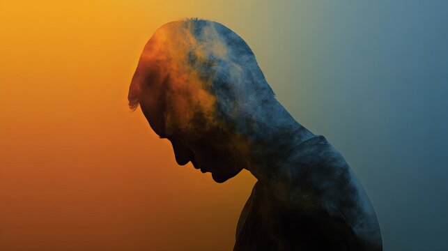 Introspective man's profile silhouette clouded with swirling smoke, conveying deep thought and emotional complexity.