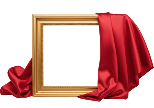 Gold picture frame with red silk fabric isolated PNG, elegant empty frame mockup for art display and presentation on transparent background
