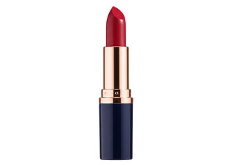 Isolated red lipstick with elegant gold and navy blue tube ready for makeup application