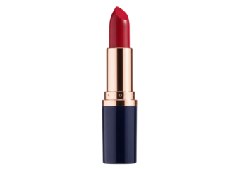 Isolated red lipstick with elegant gold and navy blue tube ready for makeup application