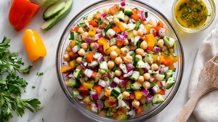 Vibrant chickpea salad bursting with colorful fresh vegetables, perfect for healthy summer meals and light lunches.