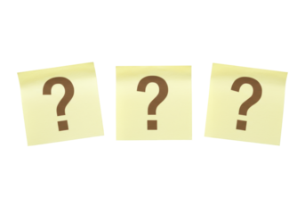 Isolated Three yellow adhesive notes with brown question marks floating midair are puzzling