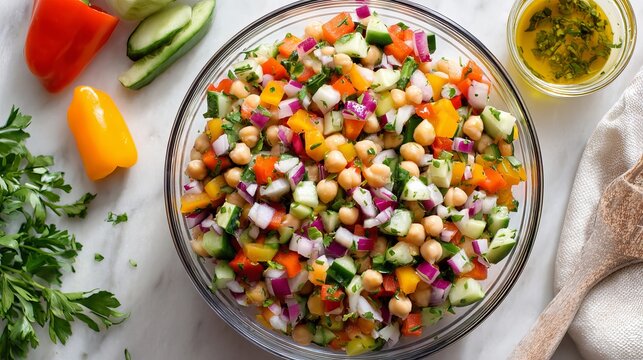 Vibrant chickpea salad bursting with colorful fresh vegetables, perfect for healthy summer meals and light lunches.