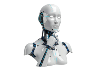 Isolated futuristic robot with artificial intelligence contemplating thoughtful pose