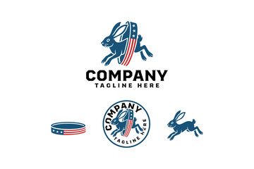 rabbit jumping through ring with stars and stripes red blue mascot modern logo design set for patriotic, american, politic, government, sport,, industry business company. vector illustration