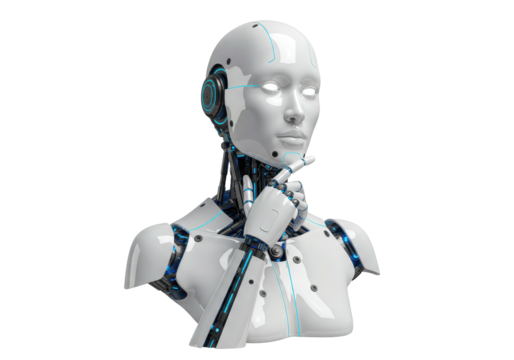 Isolated futuristic robot with artificial intelligence contemplating thoughtful pose