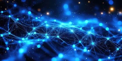 Abstract digital network of interconnected glowing blue nodes and lines with a dynamic glowing background symbolizing data flow and connectivity