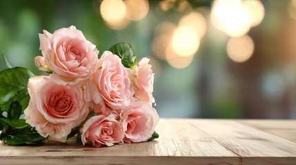 Delicate pink roses arranged on a rustic wooden table with a soft, glowing bokeh background creating an elegant ambiance.