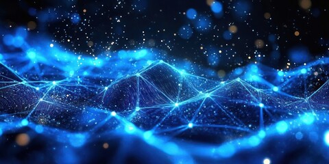 Abstract digital network with blue glowing interconnected lines and nodes resembling a futuristic data wave under starry sky with floating particles