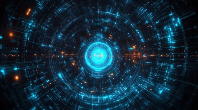 Glowing concentric circular digital interface with blue and orange light effects representing advanced technology and data transmission