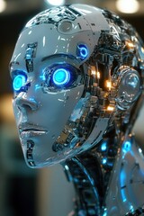 Fototapeta premium Close-up view of a futuristic humanoid robot head with illuminated blue eyes and intricate mechanical details, conveying advanced technology and sophistication