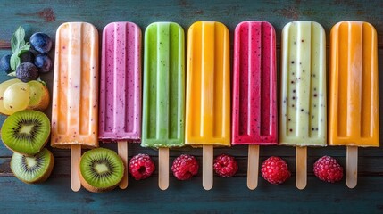 Colorful assorted fruit popsicles lined up with fresh fruits on a rustic wooden surface conveying freshness and summer vibes