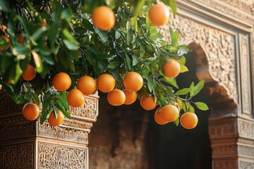 Branch of ripe oranges hanging with green leaves in front of intricately carved stone archway in warm lighting