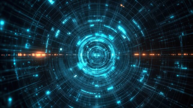 Digital blue circular grid with glowing interconnected lines and nodes creating a futuristic technology tunnel effect