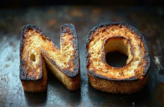 Two slices of toasted bread shaped as letters N and O with a burnt crispy texture on the edges on a dark surface